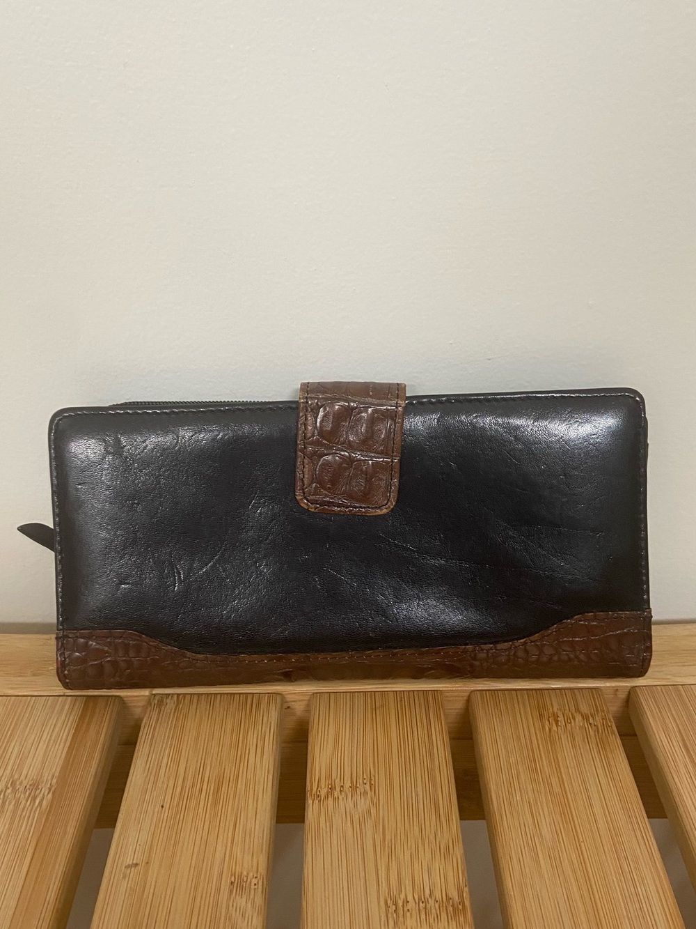 Brahmin Black Leather Wallet with Brown Croc-Trim